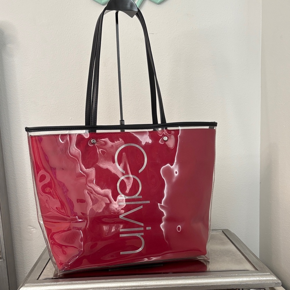 Calvin Klein Red Clear PVC Tote with Black Handles
